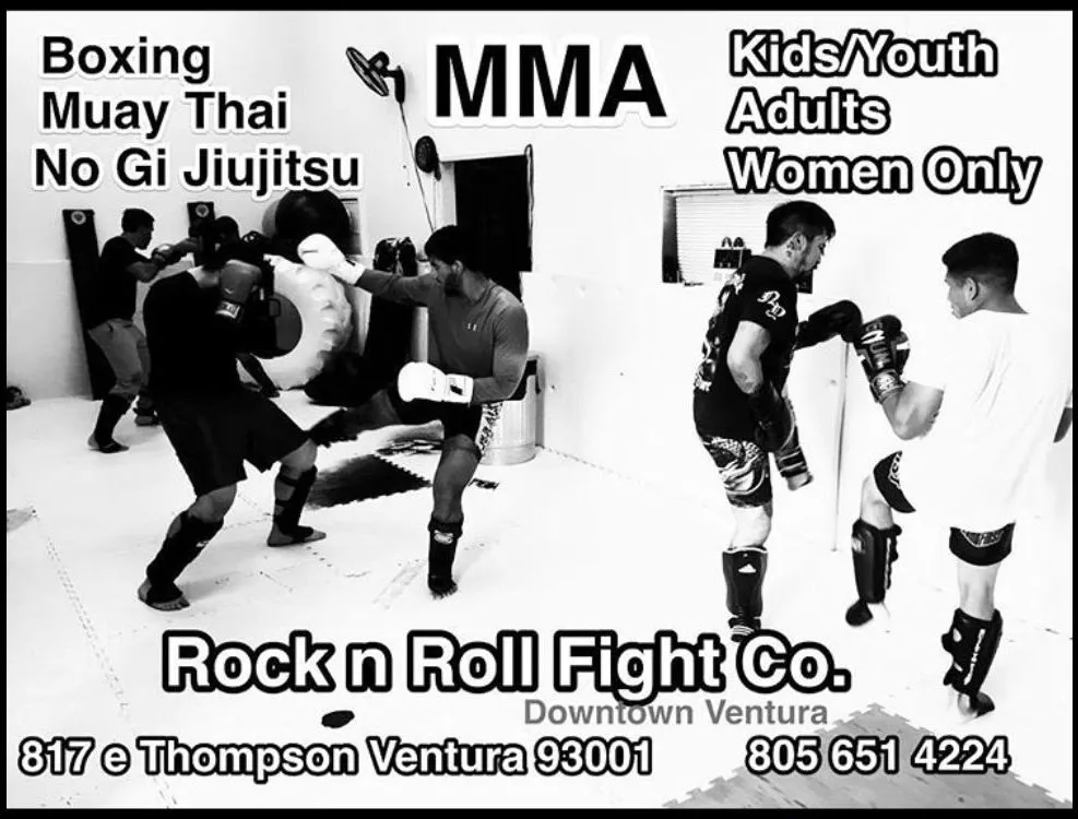 Downtown Ventura flyer for the Thompson Blvd gym over a black and white striking class