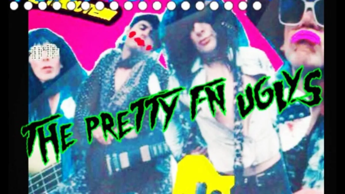 Hot pink punk-zine flyer for Rex's band The Pretty Uglys, four glam members posing