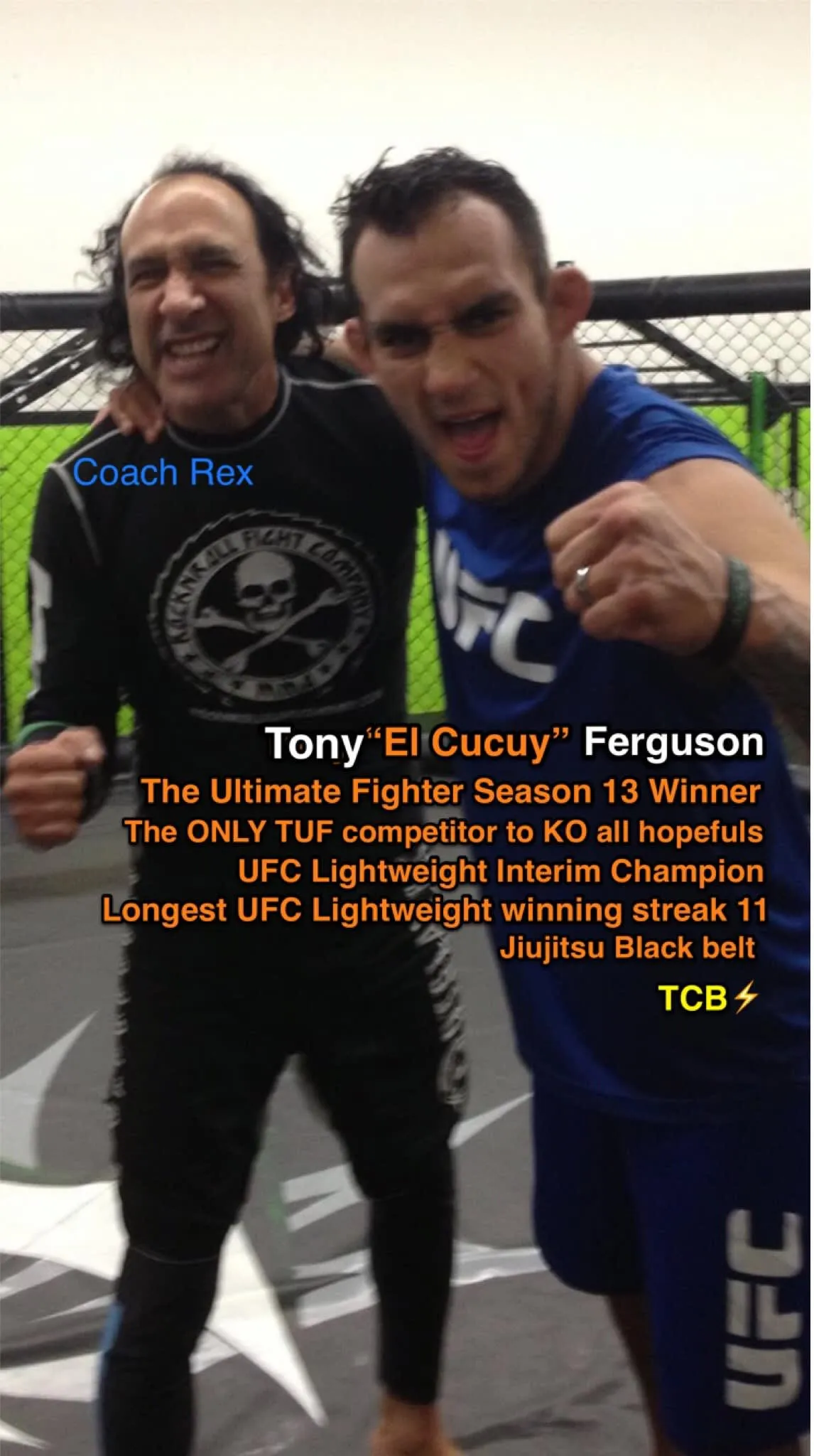 Tony Ferguson and Coach Rex Pena grinning inside the cage in UFC blue and RNRFC black